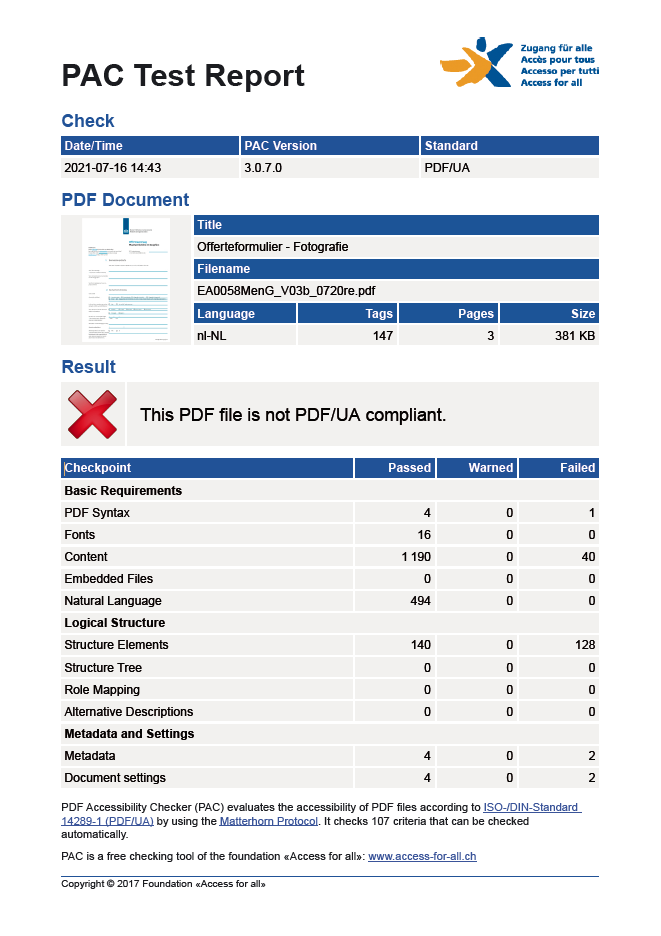 PAC test rapport bestaand formulier - in basis al goed - voor verbetering vatbaar